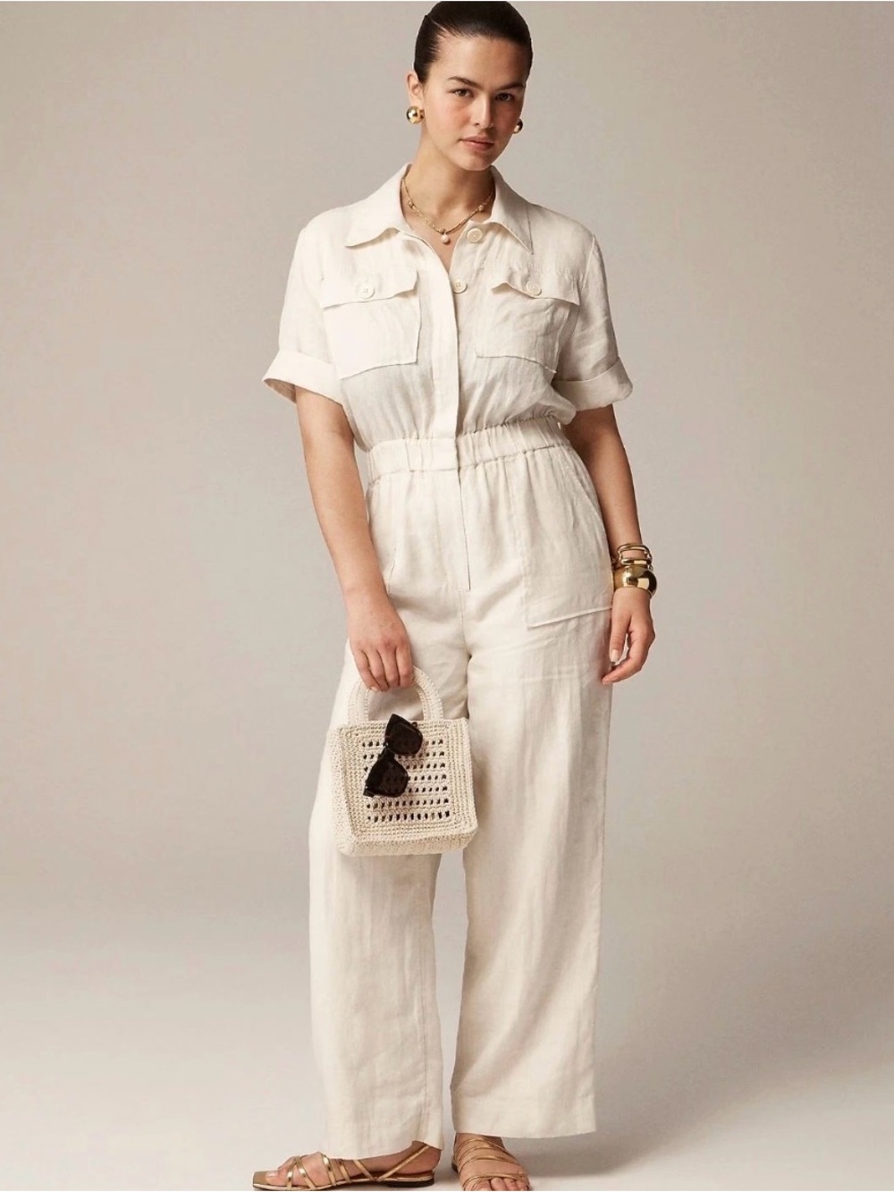 Jcrew Linen Jumpsuit Natural Beige Relaxed Pockets Lightweight 12